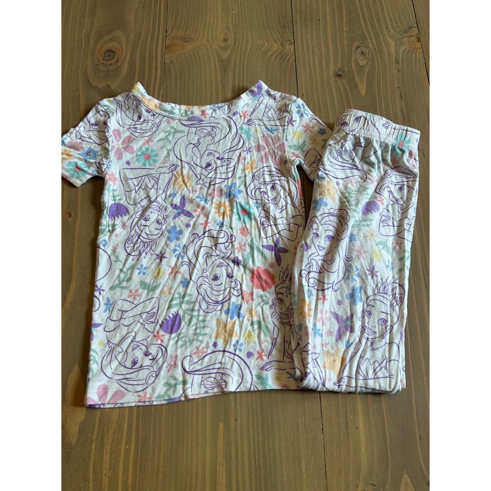 Cc16 Disney Princess Pajamas Girls 4T White Purple Floral Ariel Belle Set 2pc